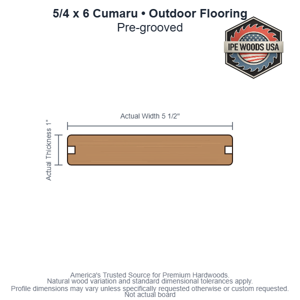 5/4x6 Cumaru Pre-Grooved Outdoor Flooring board profile diagram