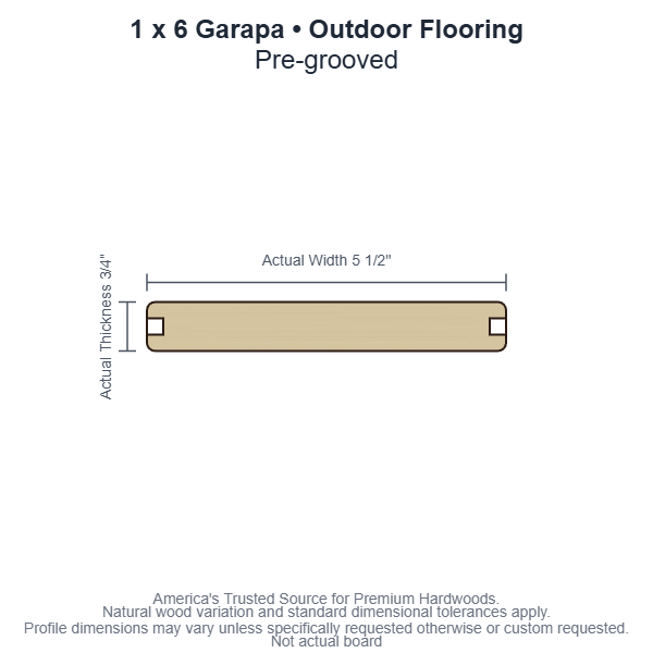 1x6 Garapa Pre-Grooved Outdoor Flooring board profile diagram