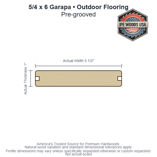 5/4x6 Garapa Pre-Grooved Outdoor Flooring board profile diagram