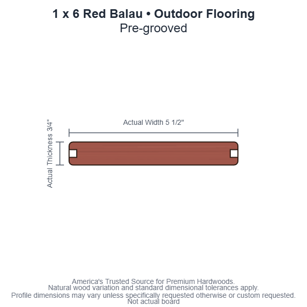 1x6 Red Balau Pre-Grooved Outdoor Flooring board profile diagram
