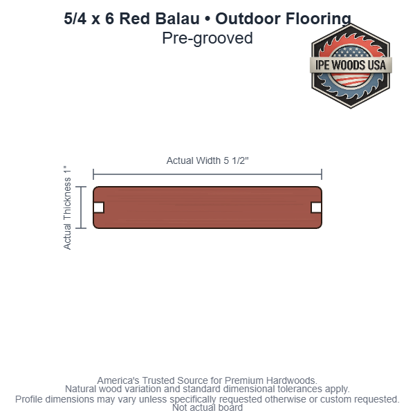 5/4x6 Red Balau Pre-Grooved Outdoor Flooring board profile diagram