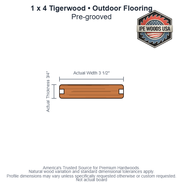 1x4 Tigerwood Pre-Grooved Outdoor Flooring board profile diagram