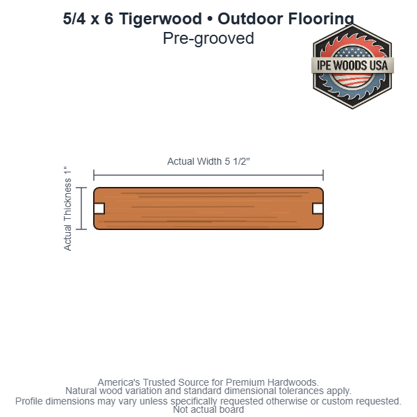 5/4x6 Tigerwood Pre-Grooved Outdoor Flooring board profile diagram